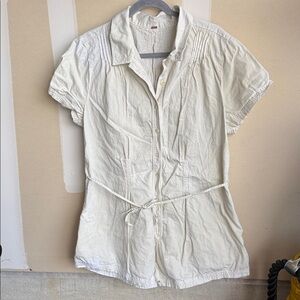 Free People Cream Short-Sleeve Button-Front Romper with Tie Waist